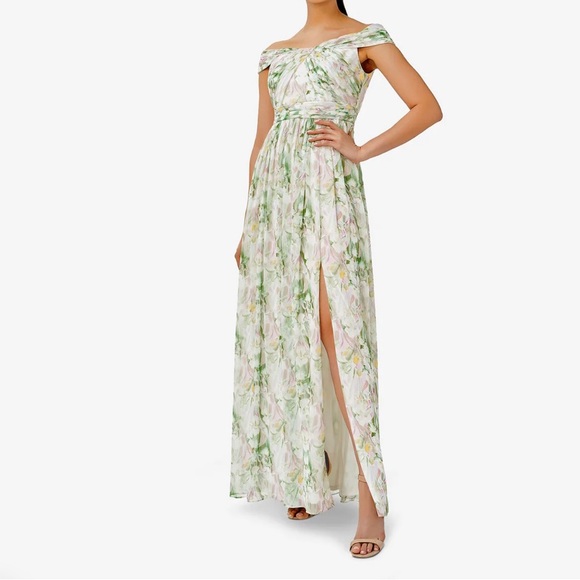 Adrianna Papell Dresses & Skirts - Adrianna papell floral green chiffon off shoulder dress